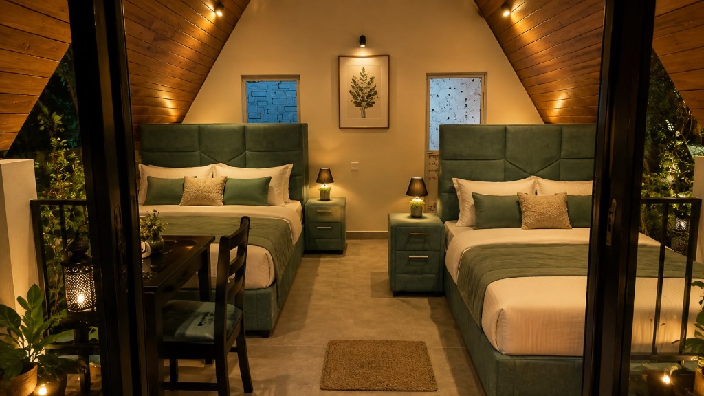 Green Heaven luxury A-frame cabana bedroom interior