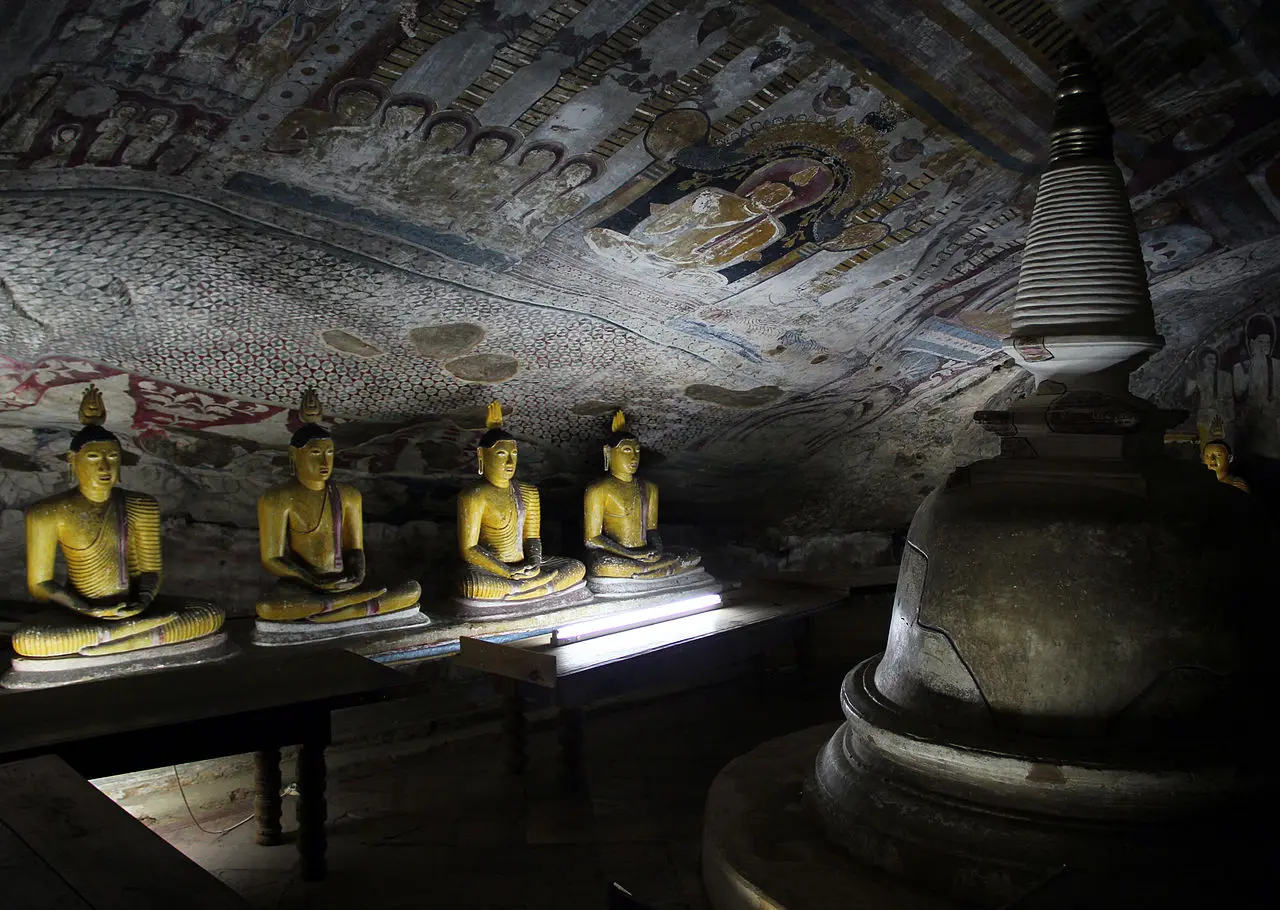 Dambulla Cave Temple interior with historic Buddhist art in Sri Lanka